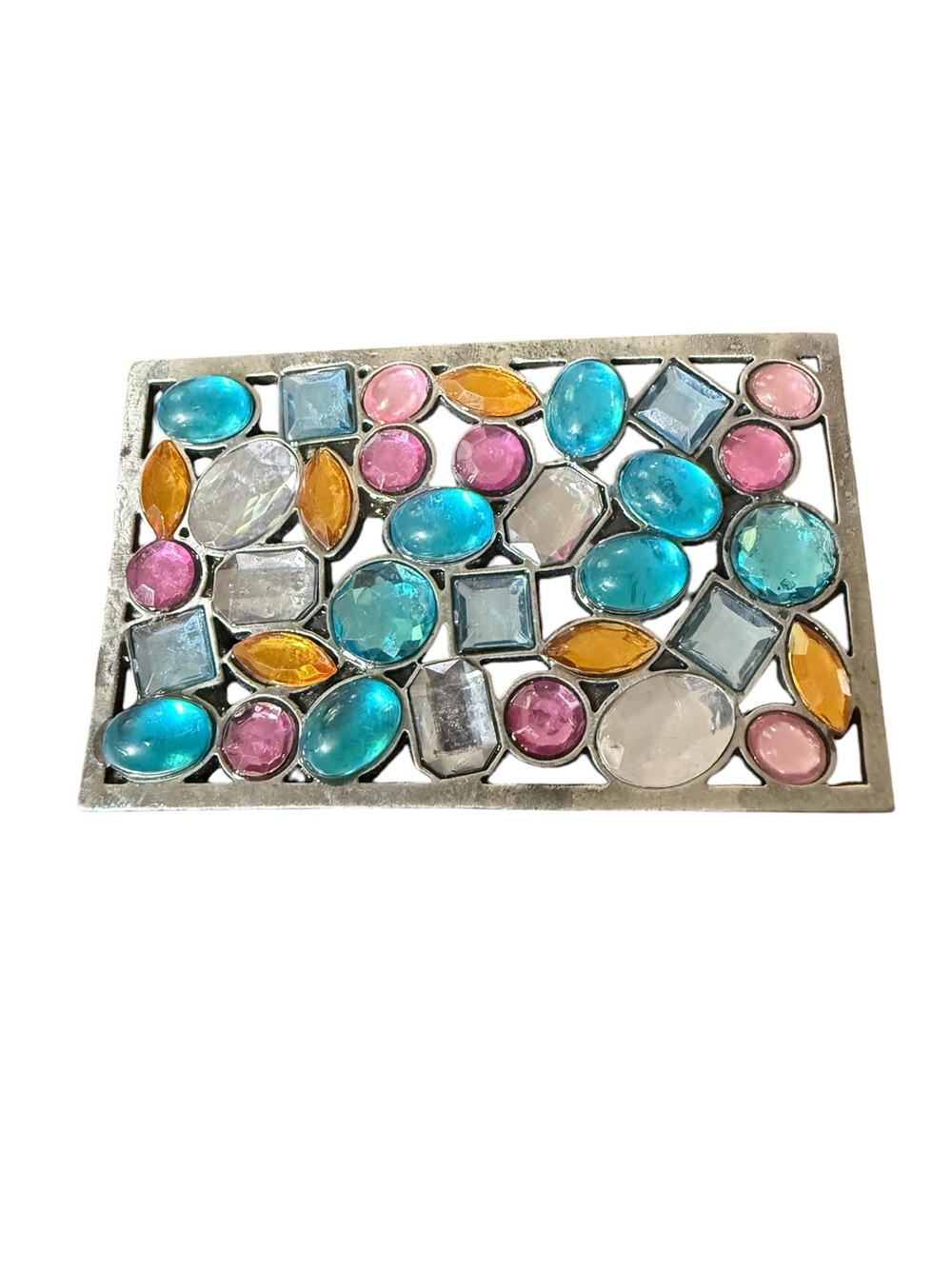 Vintage Multicolour Gemstone Bejewelled Pink Blue Belt Buckle Rectangular
